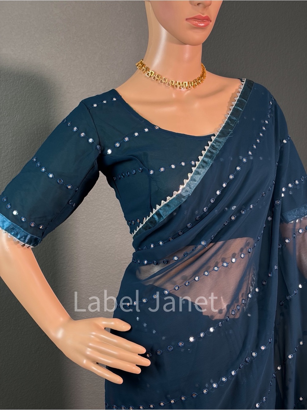 Navy Blue Sequined Saree with Matching Blouse (Brand New)